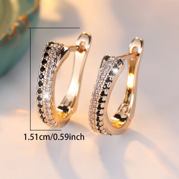 Black‑White Contrast Double‑Row Diamond Huggie Earrings, 3‑Color Options
