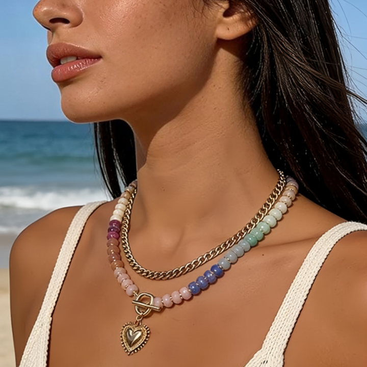 Rainbow Beaded Curb Chain Heart Pendant Necklace (Boho Layered Choker)
