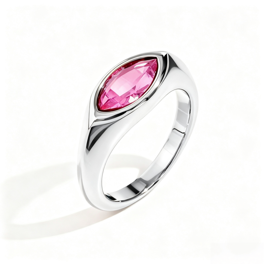 Marquise‑Cut Colored Gemstone Bezel‑Set Wide‑Band Gold‑Plated S925 Sterling Silver Ring, Multi‑Colors Available