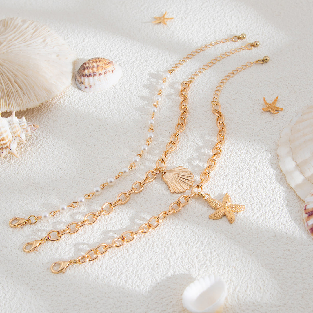 Beach Vacation Three-Layer Shell Starfish Jewelry Set, Irregular White Pearl Layered Choker & Chunky Chain Pearl Bracelet 2-Piece Jewelry Set