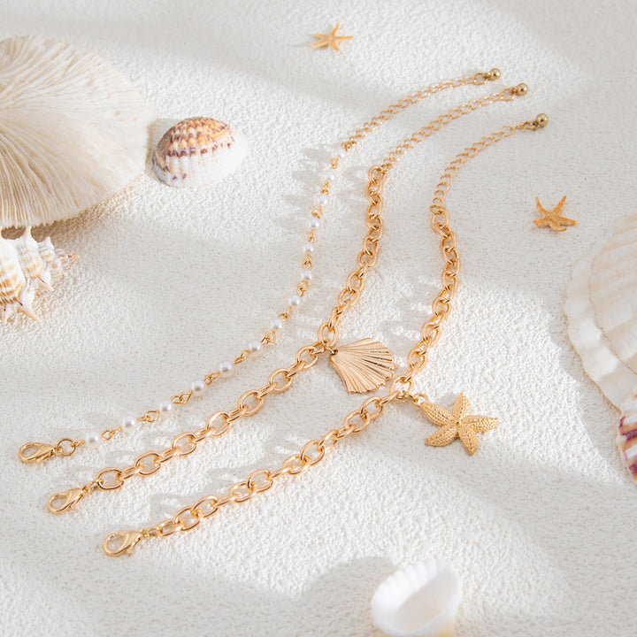 Beach Vacation Three-Layer Shell Starfish Jewelry Set, Irregular White Pearl Layered Choker & Chunky Chain Pearl Bracelet 2-Piece Jewelry Set