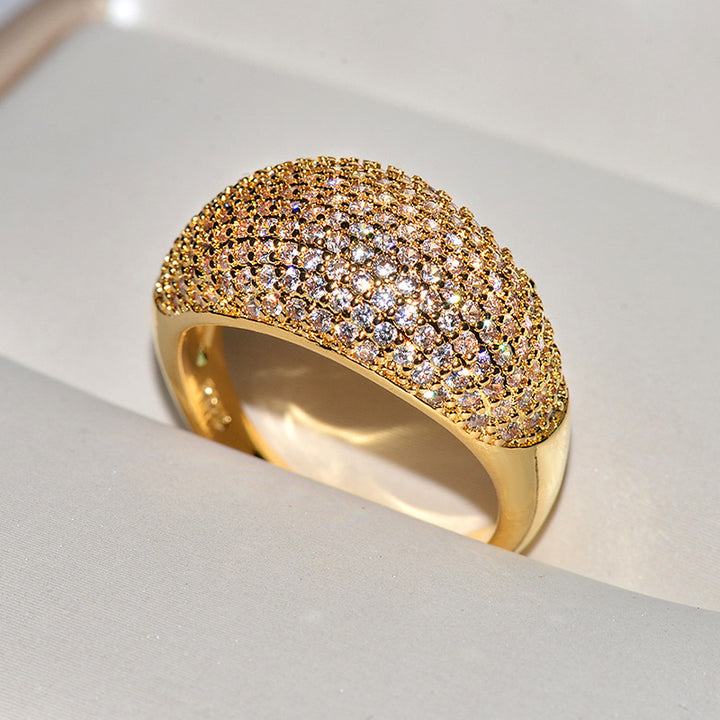 Pavé Set Curved Wide Band Ring, Gold Silver Rose Gold Luxury Paved Diamond Statement Ring for Women