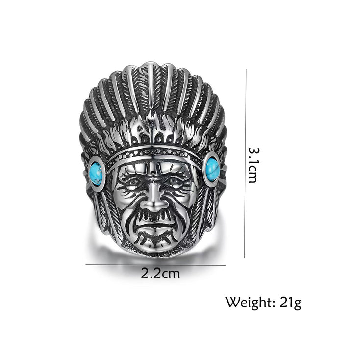 3D Embossed Native American Chief Turquoise Ring, S925 Silver Antiqued Western Vintage Wide Band For Men