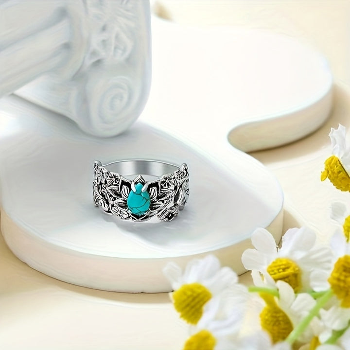 Antiqued Lotus & Koi Turquoise Wide Ring, S925 Silver Oriental Pond Style Carved Band For Women