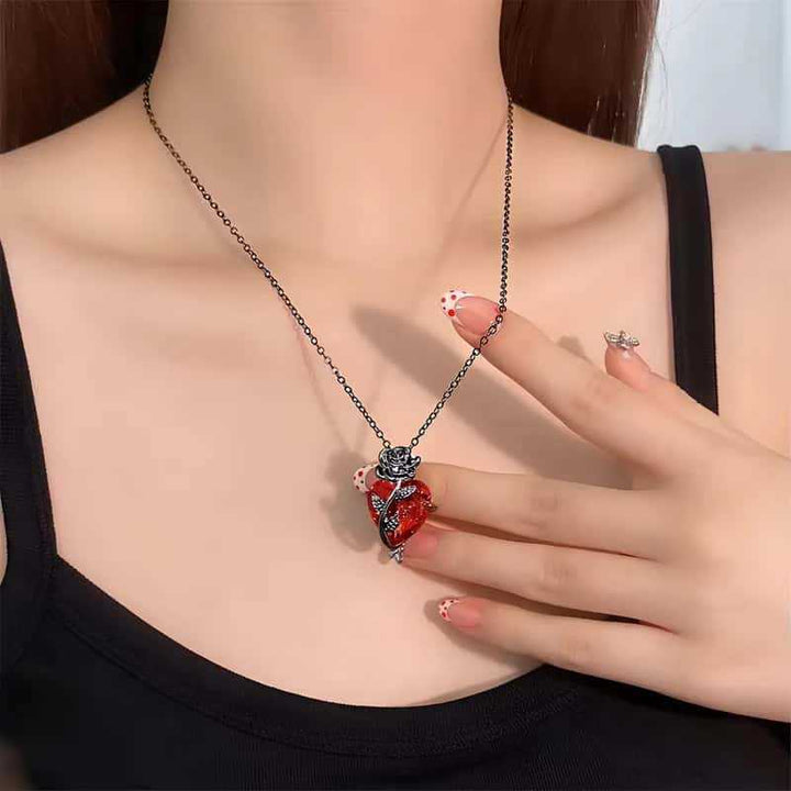 Rose-Wrapped Red Heart Diamond Necklace (2 Colors Dark/Romantic Style Pendant)