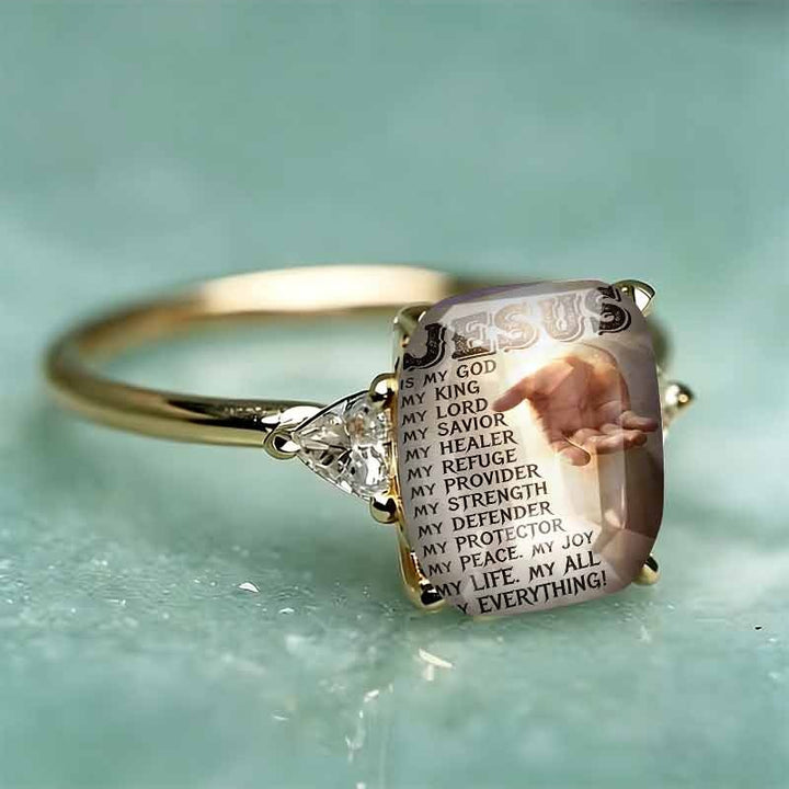 S925 Silver Faith‑Themed Printed Square Stone Ring, Two‑Tone Option Heart‑Accent Religious Ring for Women