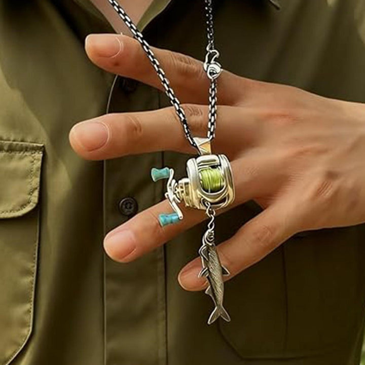 Mini Fishing Reel Pendant Necklace (Antique Silver Men's Unique Jewelry)