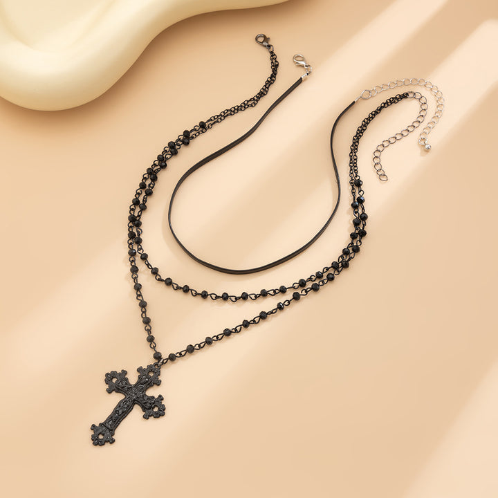 Multi-Layer Black Beaded Cross Pendant Necklace, Dark Style 4-Row Stack Cross Choker, Gothic Punk Collarbone Jewelry