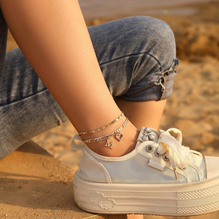Double Layer Initial & Heart diamond Anklet (Gold Personalized Foot Jewelry)