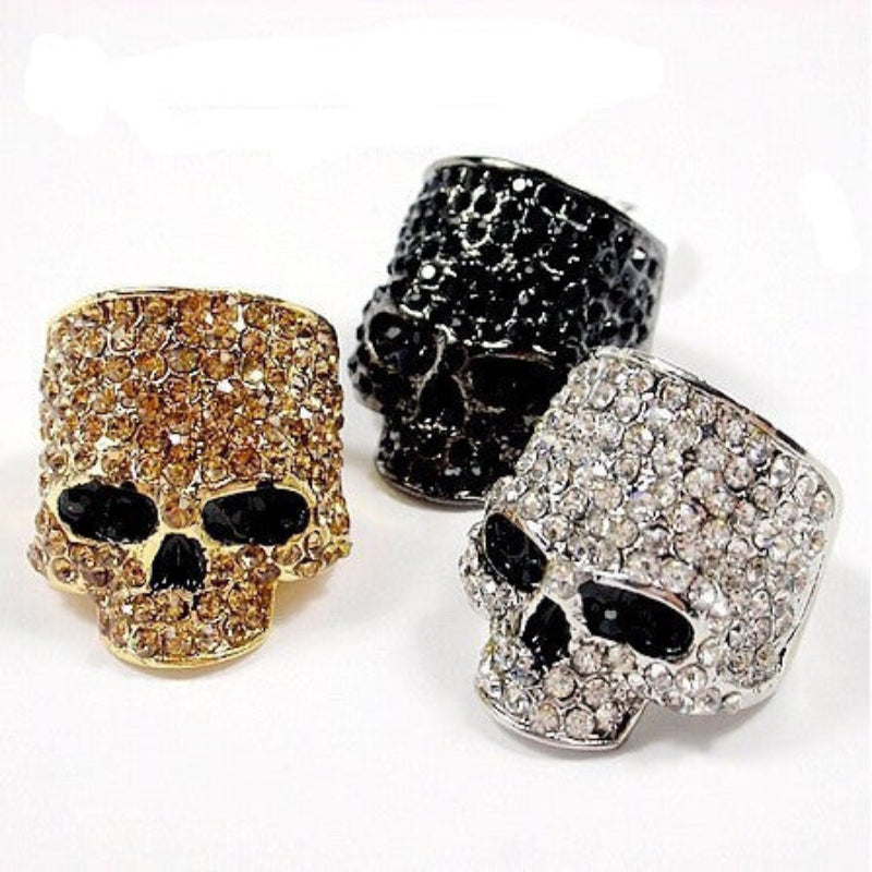 Full Paved Skull S925 Silver Ring, Dark Punk Style 3D Diamond Inlaid Band, Gold Silver Black Three Tones Halloween Statement Ring