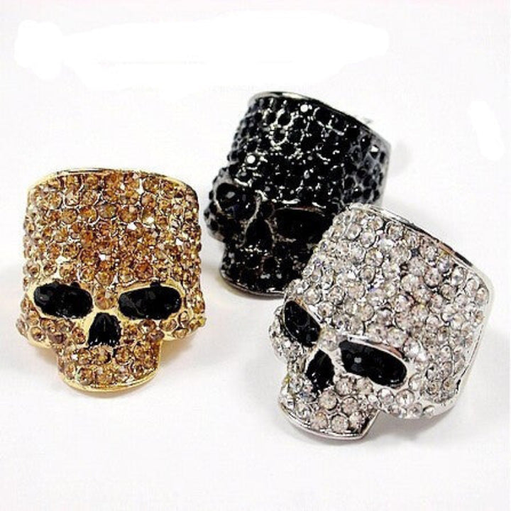 Full Paved Skull S925 Silver Ring, Dark Punk Style 3D Diamond Inlaid Band, Gold Silver Black Three Tones Halloween Statement Ring
