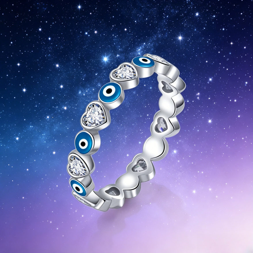 Evil Eye & Heart diamond Eternity Band Ring (2 Colors Delicate Statement Ring)