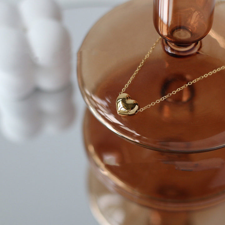 Smooth Solid Heart Necklace, Minimal 3D Heart Collarbone Chain, Classic Gold Basic Jewelry