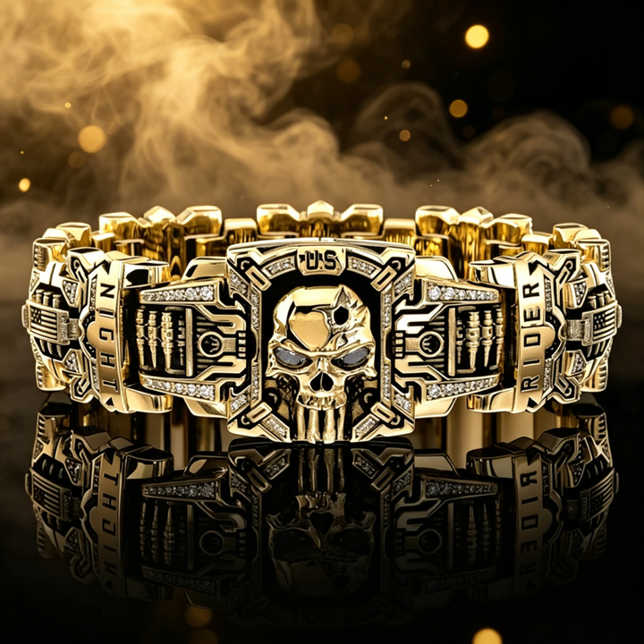 American Biker Rider Segmented Embossed Skull Crystal Wide Signet Ring, S925 Silver Two-Tone Gold & Black Vintage Men Band
