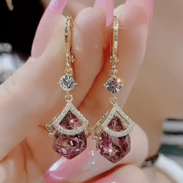 Pink Teardrop Diamond Drop Hoop Earrings