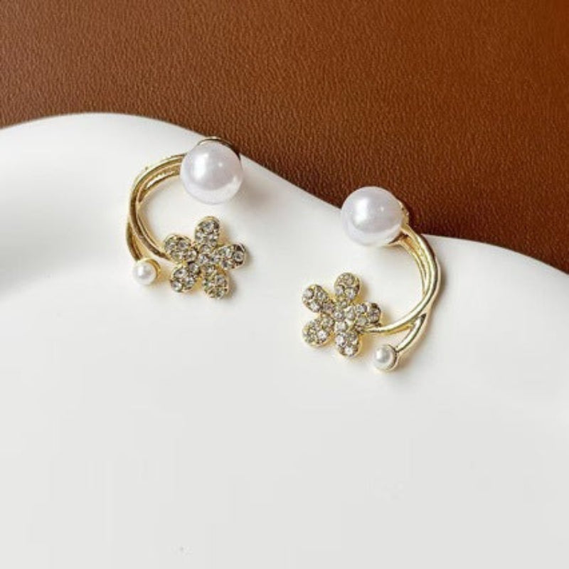 Pavé Diamond Flower Pearl S925 Silver Stud Earrings, Unique Curved Double Pearl Floral Jewelry