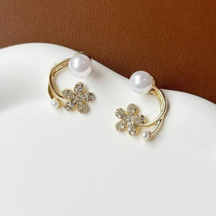Pavé Diamond Flower Pearl S925 Silver Stud Earrings, Unique Curved Double Pearl Floral Jewelry
