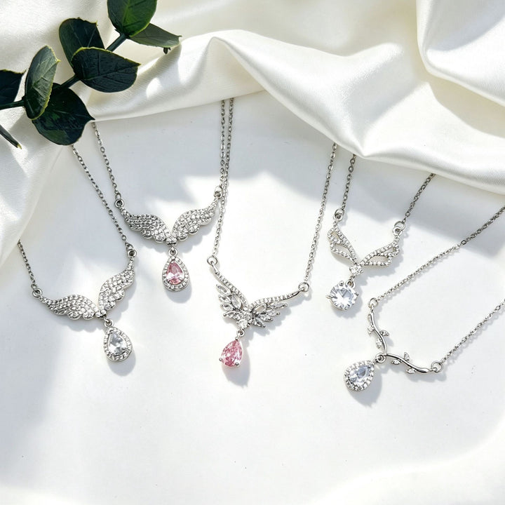Angel Wing Teardrop Diamond Collarbone Necklace, Multiple Wing Styles Pink & White Diamond 14K Gold Plated Dainty Ladies Necklace