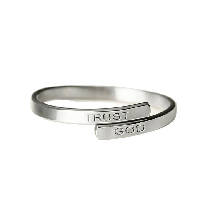 S925 Silver Engraved "TRUST GOD" Bypass Open Ring, Minimalist Adjustable Thin Band