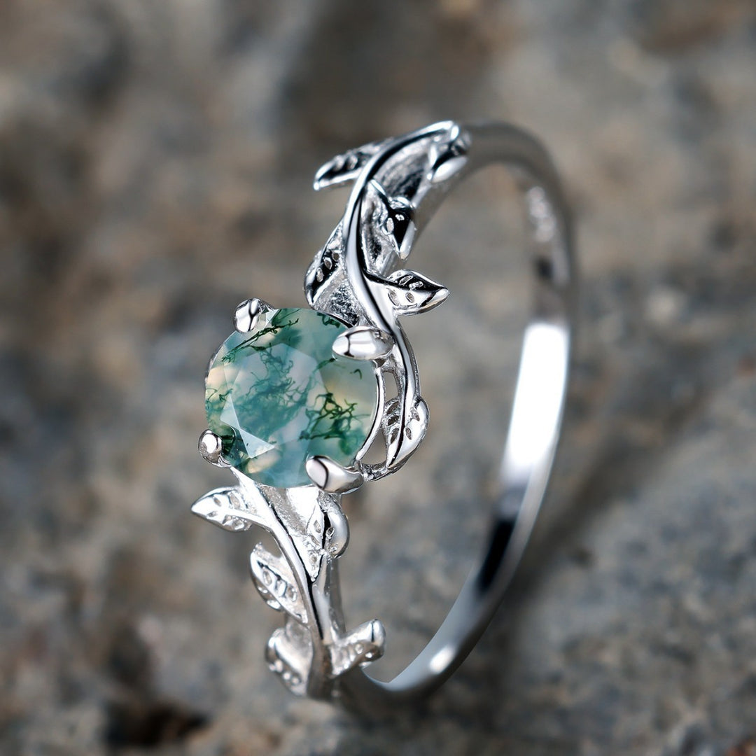 Vine & Moss Agate Nature-inspired Ring, Vintage Silver Tone Green Gemstone Band