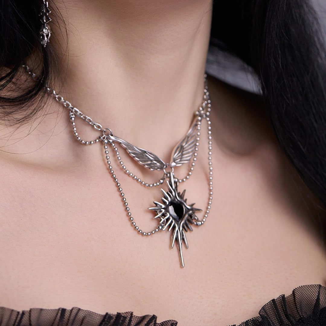 Vintage Wing Black Heart Star Necklace, Heavy Multi-Chain Wing Pendant, Antique Gold & Antique Silver Options