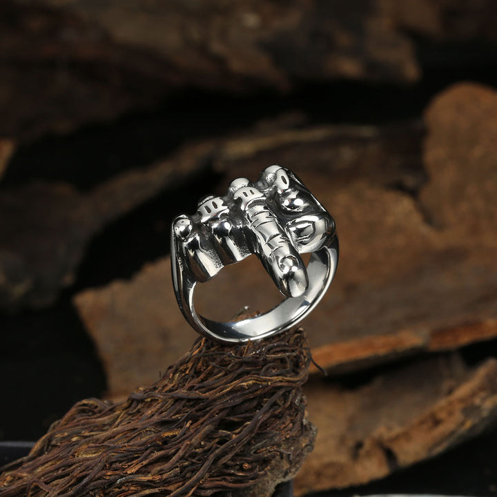 Vintage Sculpted Fist Ring, S925 Silver Antiqued Punk Skull Gesture Statement Band For Men