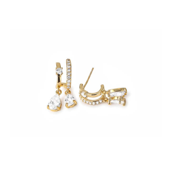 Double Teardrop Drop Diamond Hoop Earrings, Gold & Silver Luxury Paved Dangle Hoops