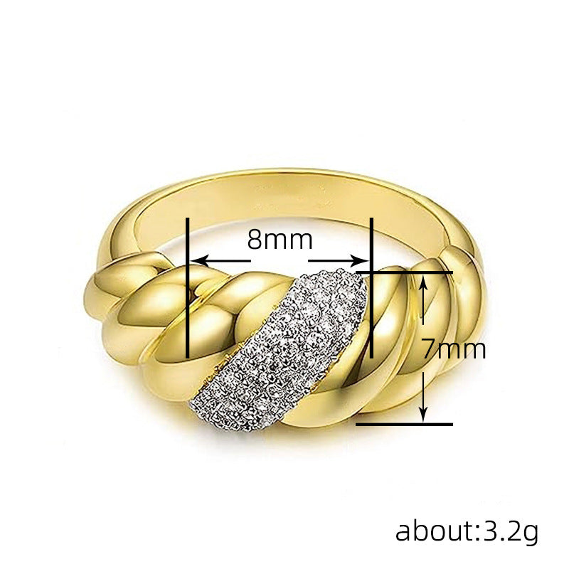 Twist Cable Half Pave Diamond Ring, Gold Silver Vintage Braided Wide Band For Women