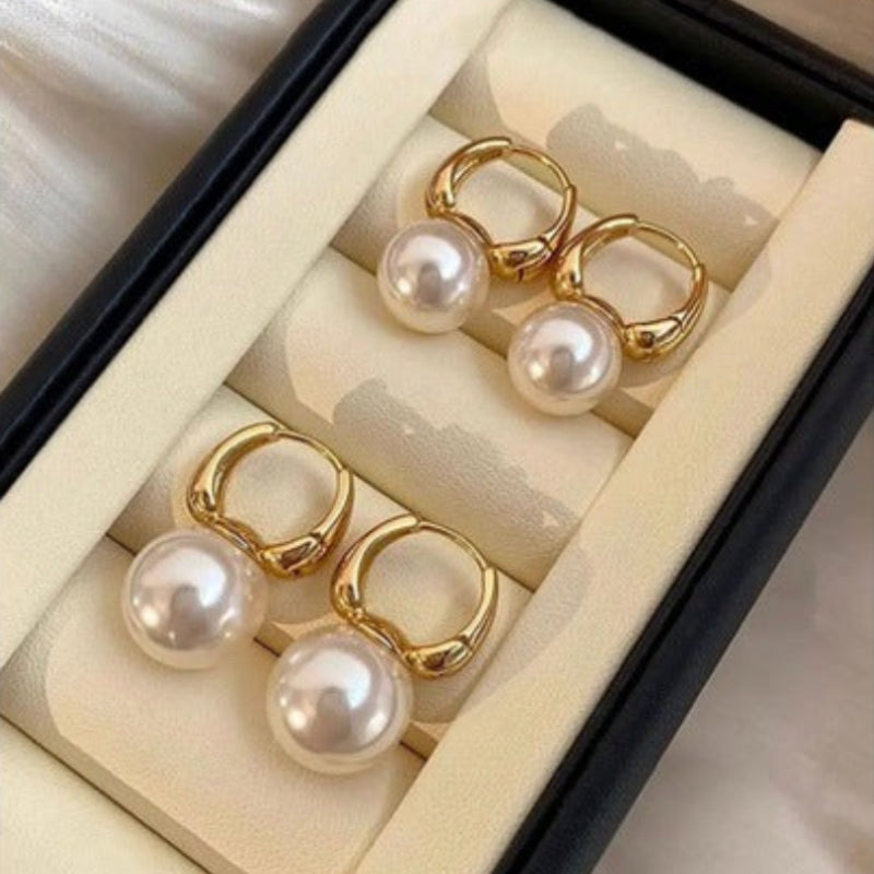 Gold Large Pearl C-shaped Huggie Earrings, Luxury Vintage Big Pearl Drop Earrings