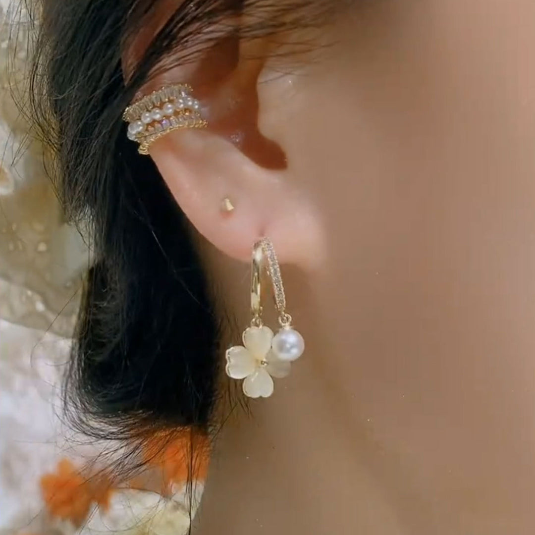 Crystal Clover & Pearl Huggie Earrings (Gentle Daily Commute Jewelry)