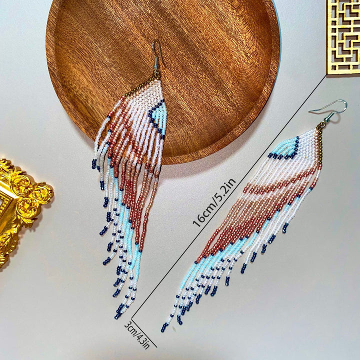 Boho Handmade Seed Bead Tassel Earrings, Ethnic Color Block Triangle Long Dangle Beaded Hook Earrings for Vacation