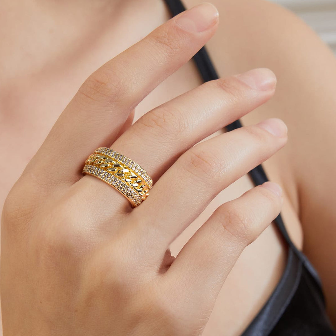 Curb Chain Center Pave Diamond Wide Band Ring, Gold & Silver And Rose Gold Tone Heavy Luxury Chain Crystal Ring