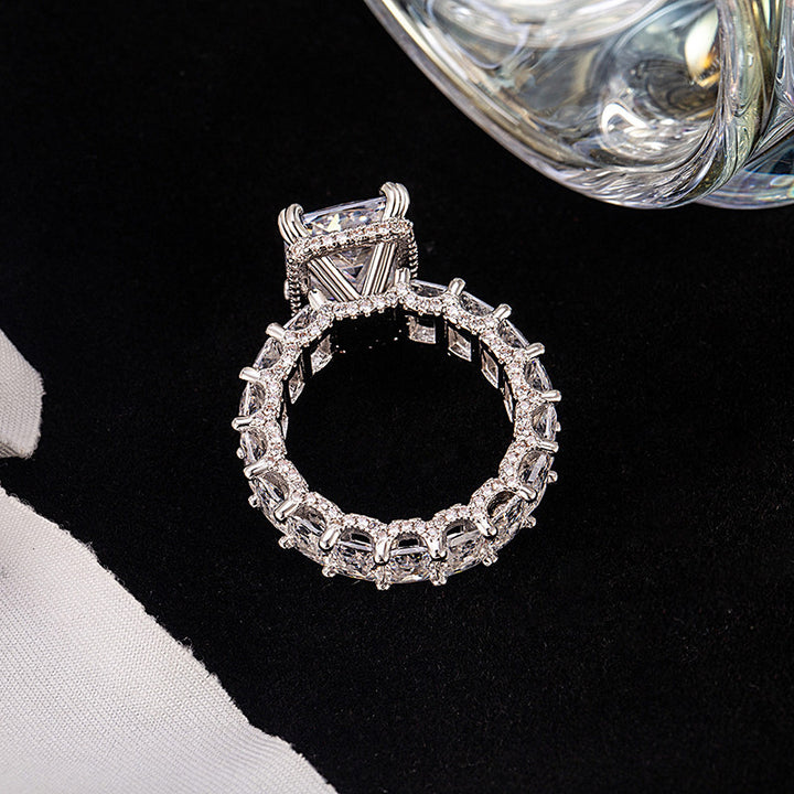 Emerald Cut Center Stone 4 Prong Ring, Luxury Side Baguette Diamond Engagement S925 Silver Ring