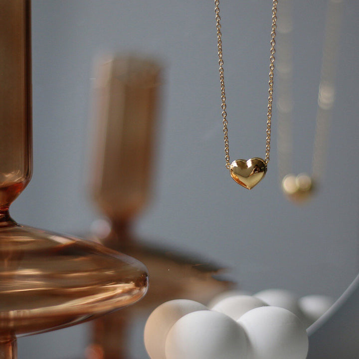 Smooth Solid Heart Necklace, Minimal 3D Heart Collarbone Chain, Classic Gold Basic Jewelry