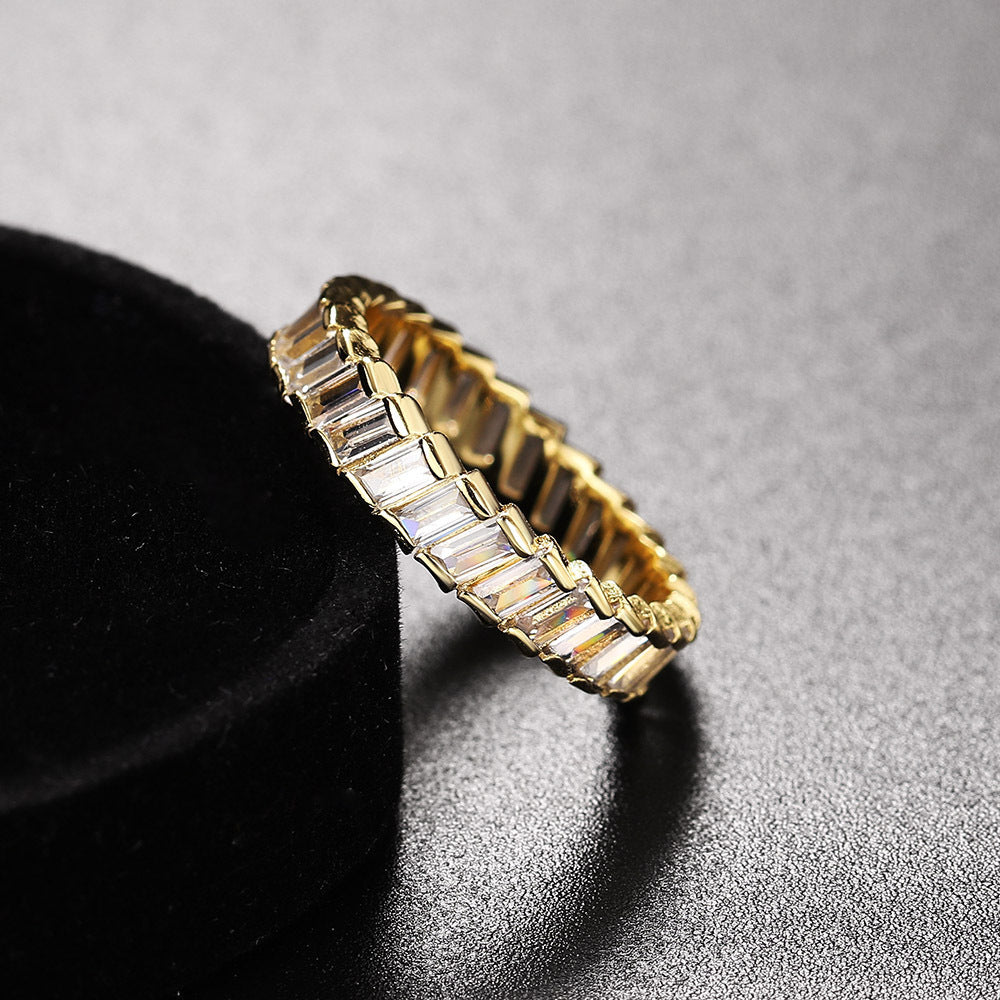 Baguette Chain Link Eternity Ring, 3 Colors Full Diamond Hollow Band For Women