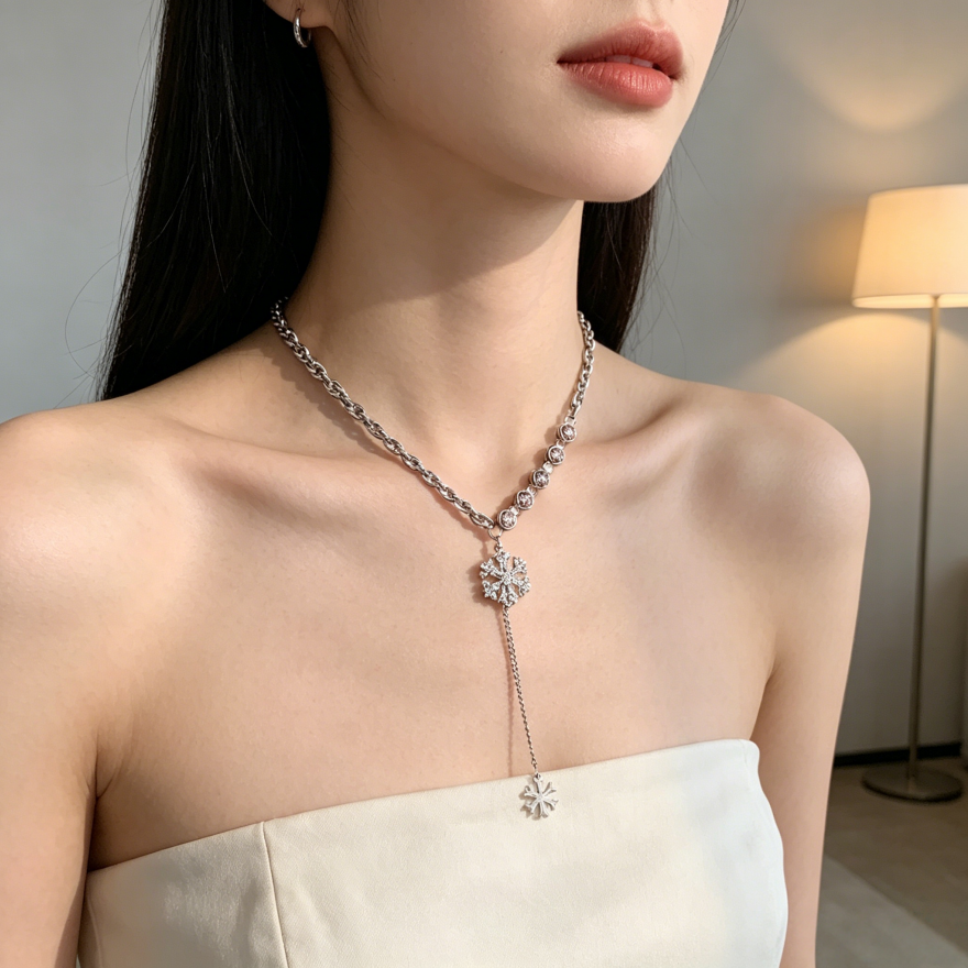 Double Snowflake diamond Y-Shaped Necklace (Silver-Tone Delicate Choker)