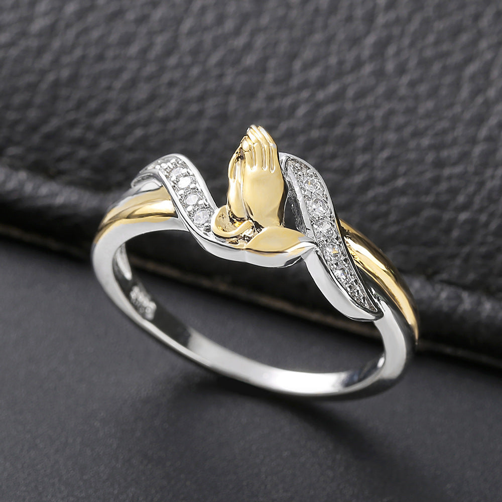 Two-Tone Praying Hands Diamond Ring (Religious Luxury Women's Band)