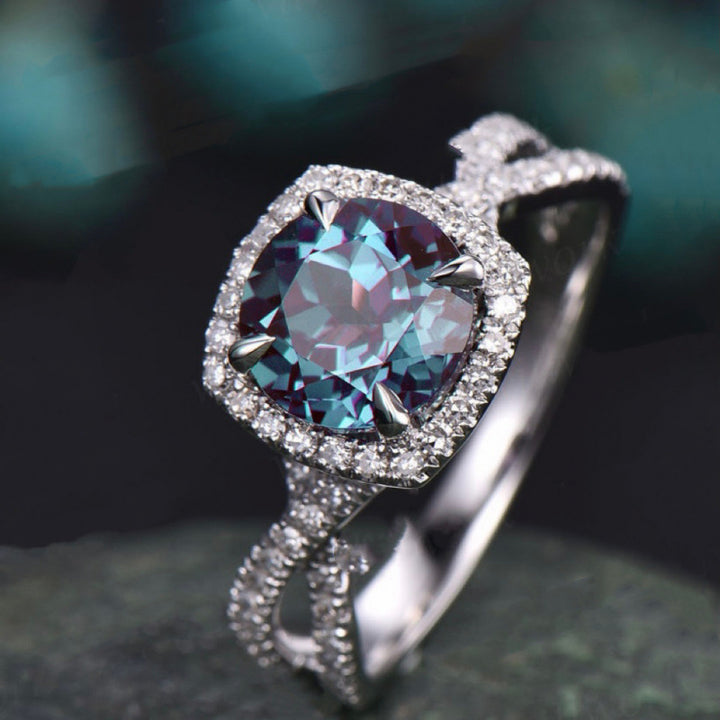 Color Changing Alexandrite Cushion Halo Ring, Twist Shank Paved Engagement Ring Two Tones Available