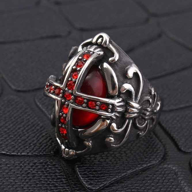 Vintage Cross Red Gem Embossed Antiqued Signet Ring, S925 Silver Dark Gothic Wide Band For Men