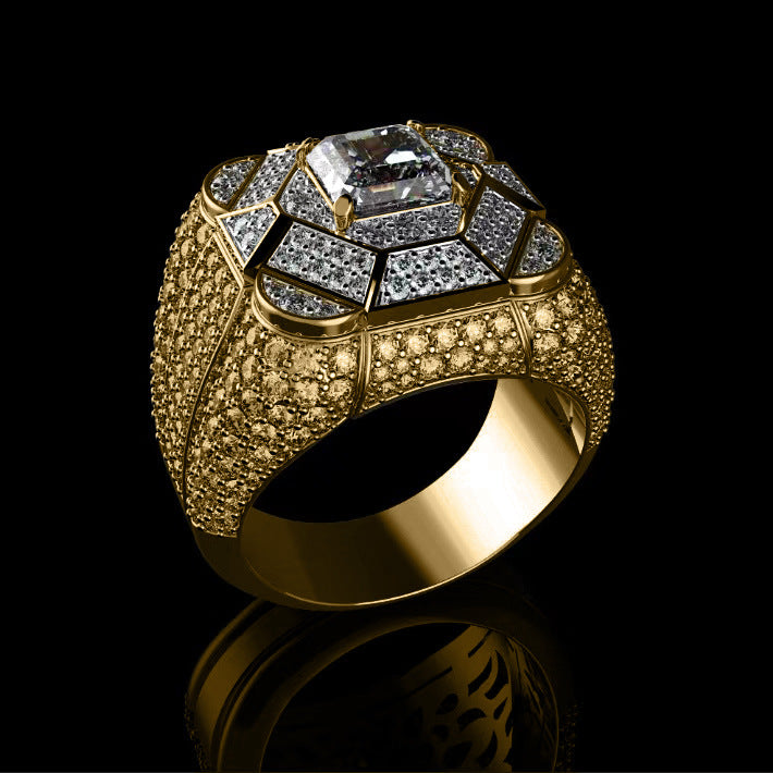 Geometric Mosaic Pave Diamond Square Center Stone Men’s Gold Ring, Solid S925 Silver Gold-Plated Heavy Wide Statement Band for Men