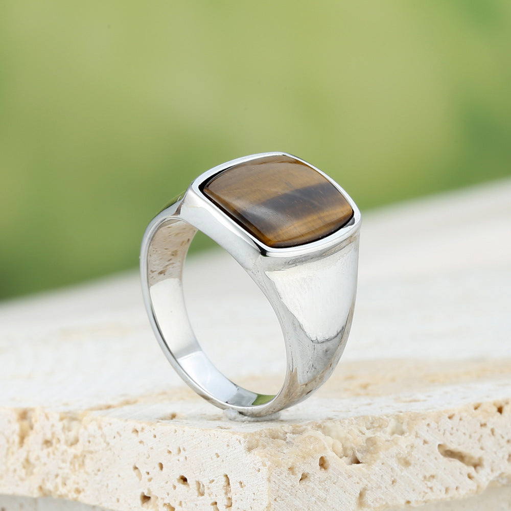 Square Cabochon Stone Bezel Men Signet Ring, Gold Silver Onyx Tiger Eye Vintage Band