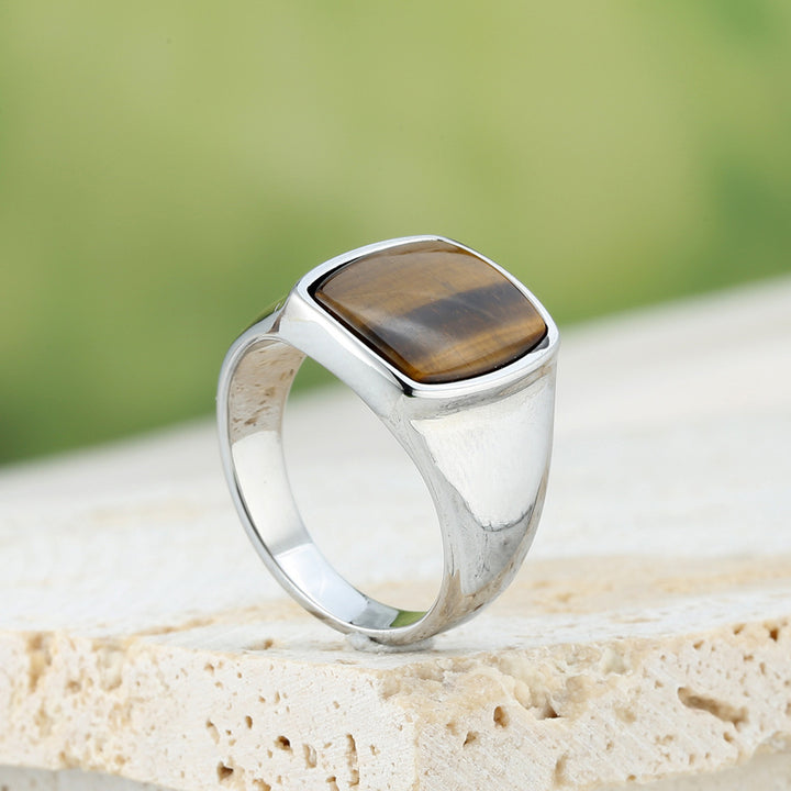 Square Cabochon Stone Bezel Men Signet Ring, Gold Silver Onyx Tiger Eye Vintage Band