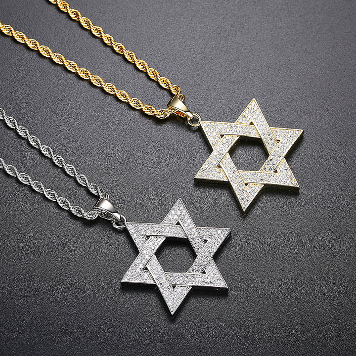 Full Paved Hexagram Pendant Necklace with Twisted Rope Chain, Vintage Streetwear Luxury Necklace