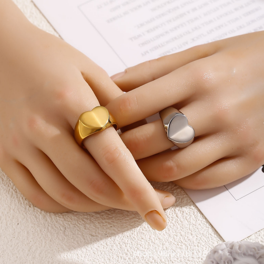 Polished Heart Signet S925 silver Ring, Silver & Gold Solid Heart Wide Band Ring