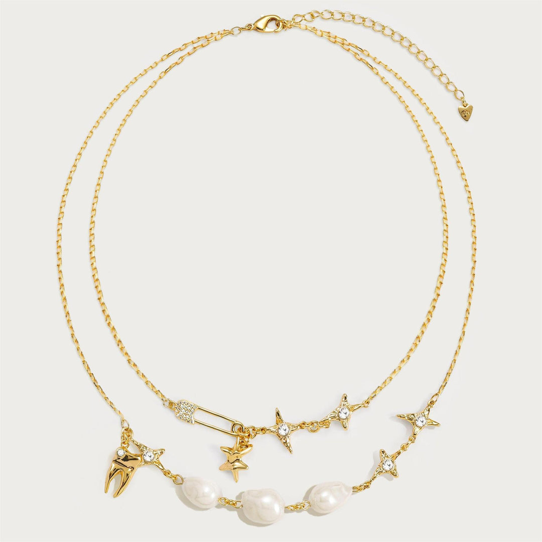 Baroque Pearl Star Tooth Safety Pin Charm Necklace, Niche Mixed Multi-Charm Collarbone Chain, Gold & Silver Two-Tone Sweet Cool Jewelry