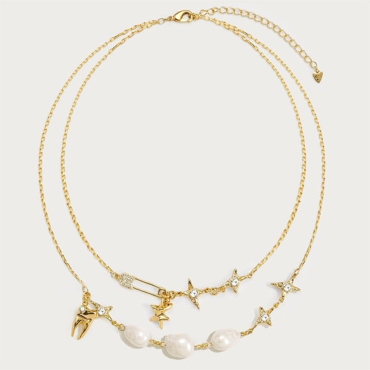 Baroque Pearl Star Tooth Safety Pin Charm Necklace, Niche Mixed Multi-Charm Collarbone Chain, Gold & Silver Two-Tone Sweet Cool Jewelry