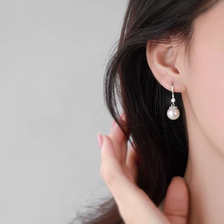 Minimalist Diamond Pearl Hook Earrings, Luxury Commuter Round Pearl Drop Earrings