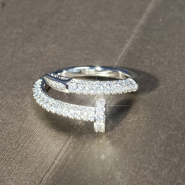 Full Pave Open Nail Shape Ring, Multi-Tone Plated Luxury Spiral Crystal Band