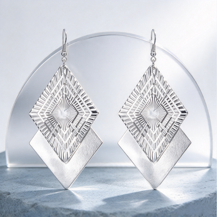 Double Layer Diamond Geometric Engraved Drop Earrings