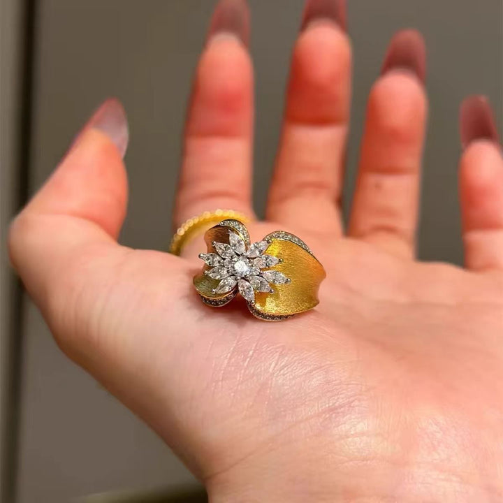 Brushed Finish Flower Diamond Statement Ring (2 Colors Luxury Delicate Band)